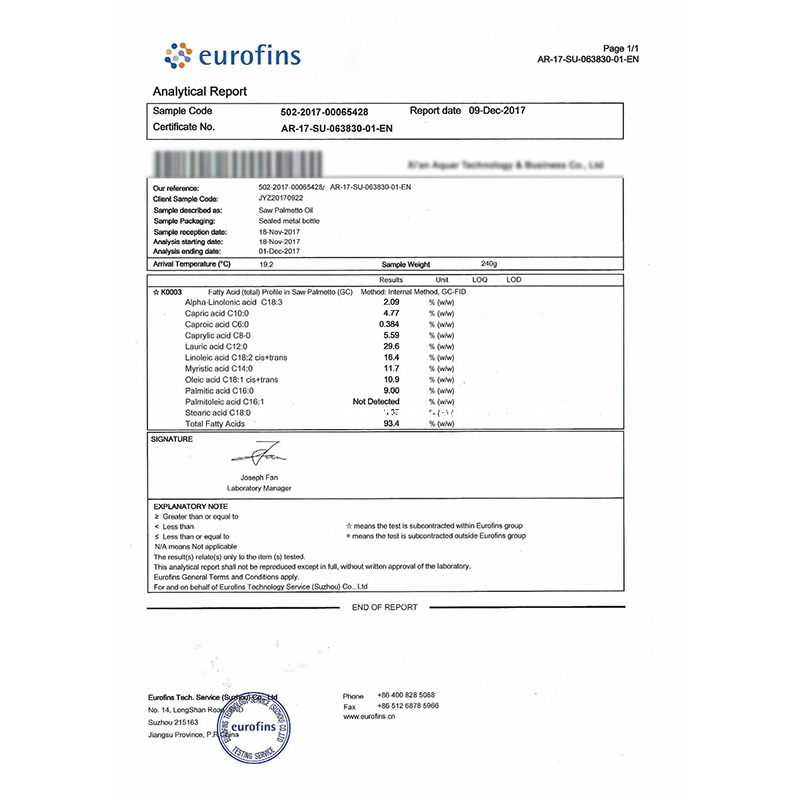 Eurofins Saw Palmetto Oil GC Report Document1 Eurofins Saw Palmetto Oil GC Report Document1