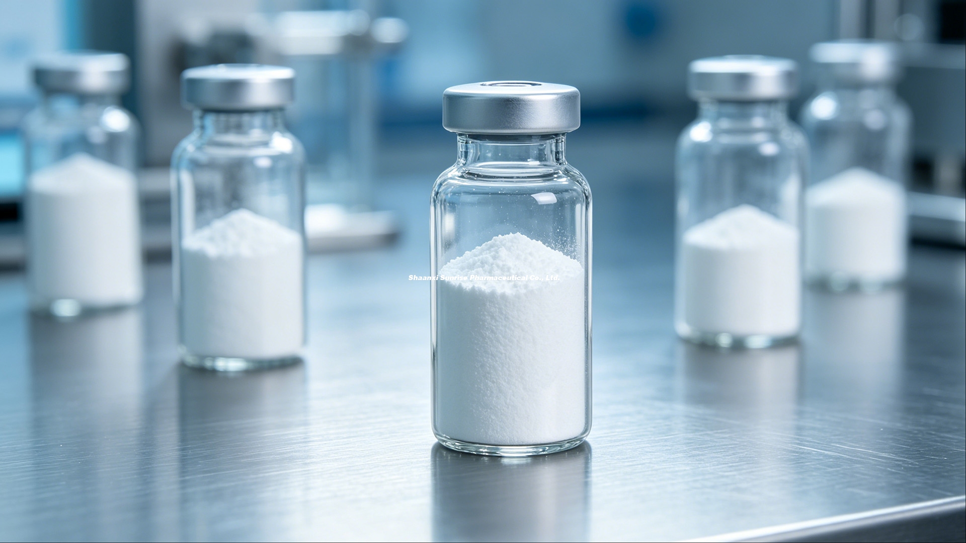 Cinematic lighting, macro shot of sterile glass vials containing white lyophilized powder on a sleek stainless-steel lab bench Cinematic lighting, macro shot of sterile glass vials containing white lyophilized powder on a sleek stainless-steel lab bench